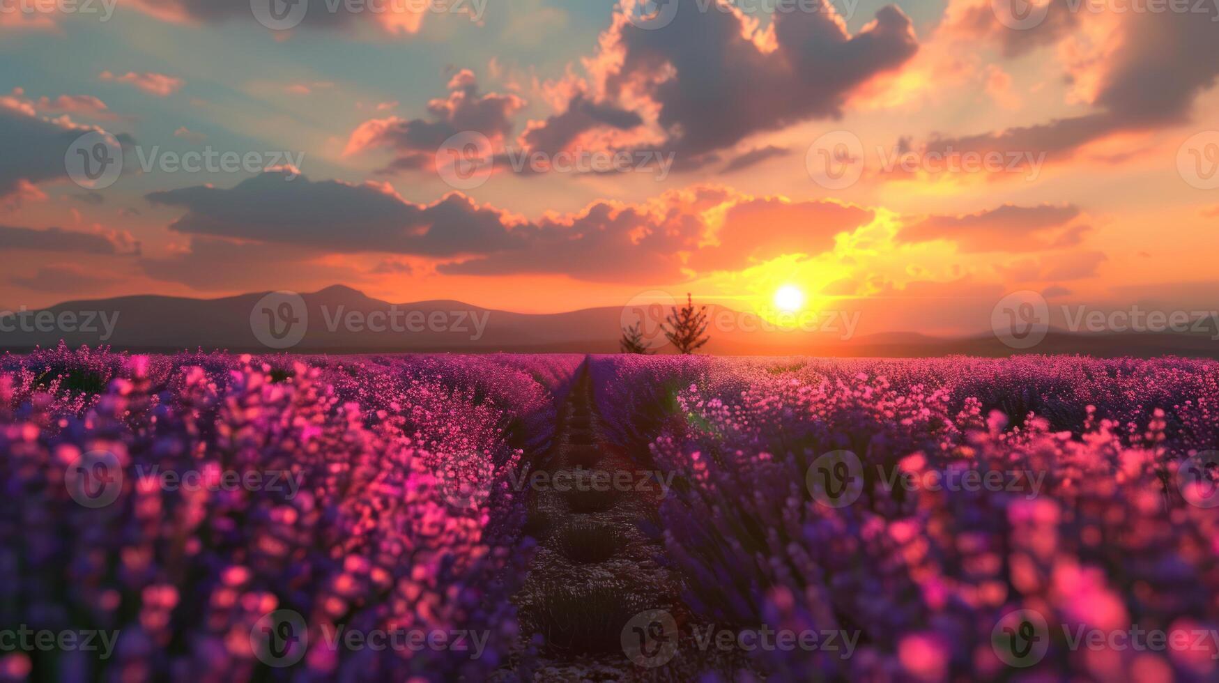 Lavender Field at Sunset with Golden Sky and Silhouetted Trees photo