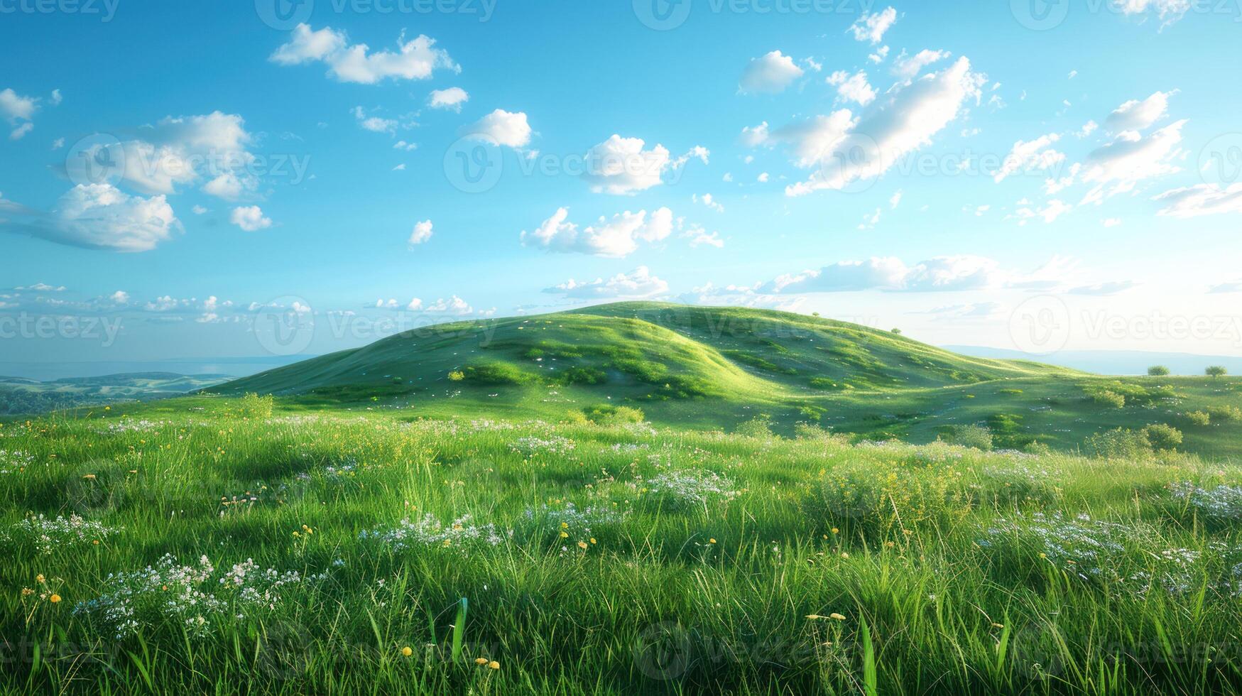 Lush Green Hilltop Meadow Under a Blue Sky with Fluffy Clouds photo