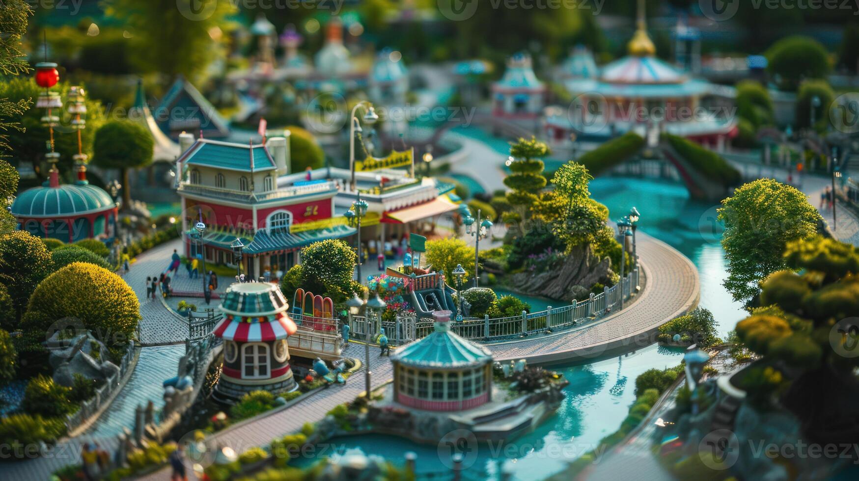 Miniature Model of a Town with Buildings, Trees, and a River photo