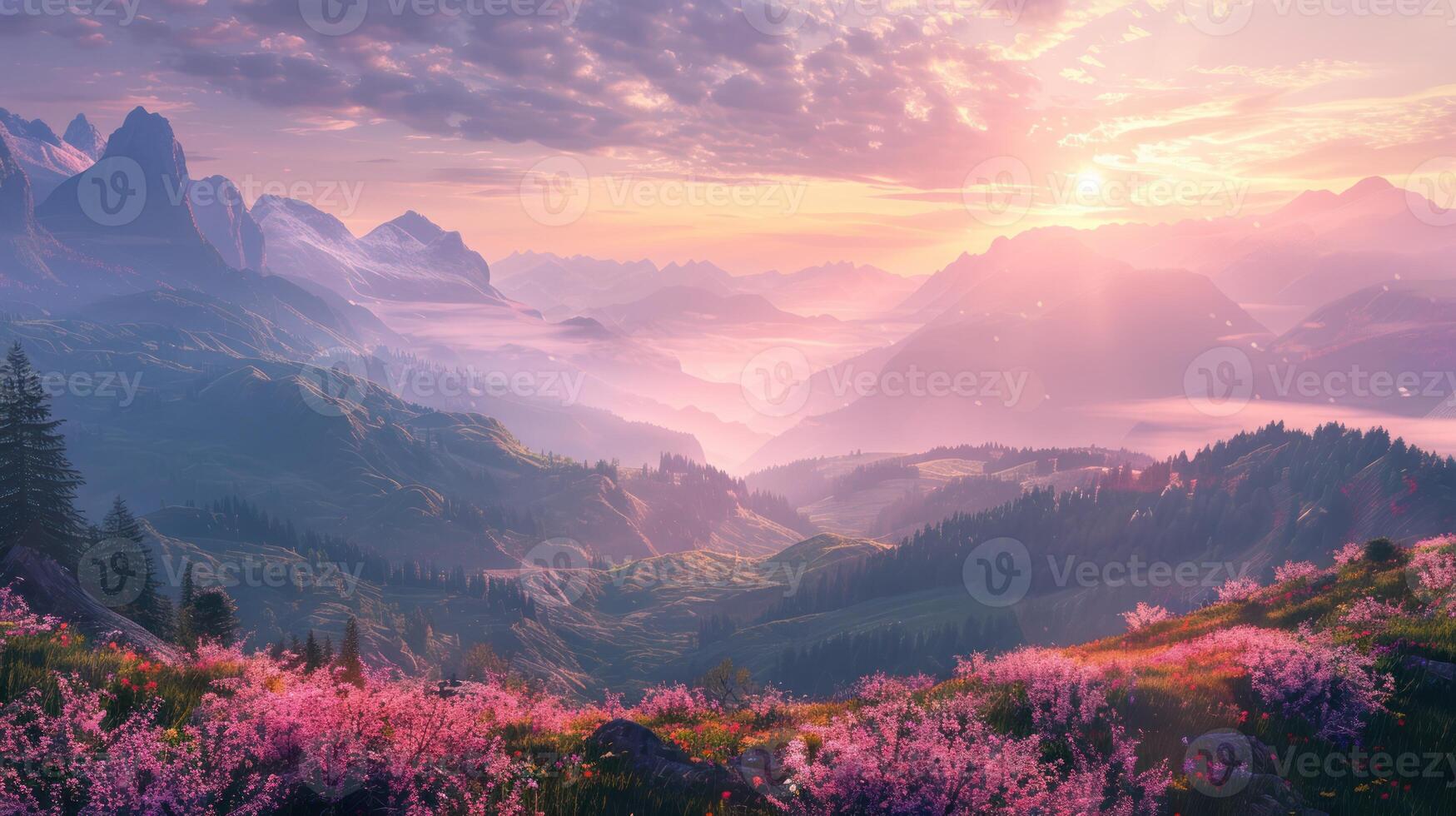 Majestic Mountain Range at Sunrise with a Field of Pink Flowers photo