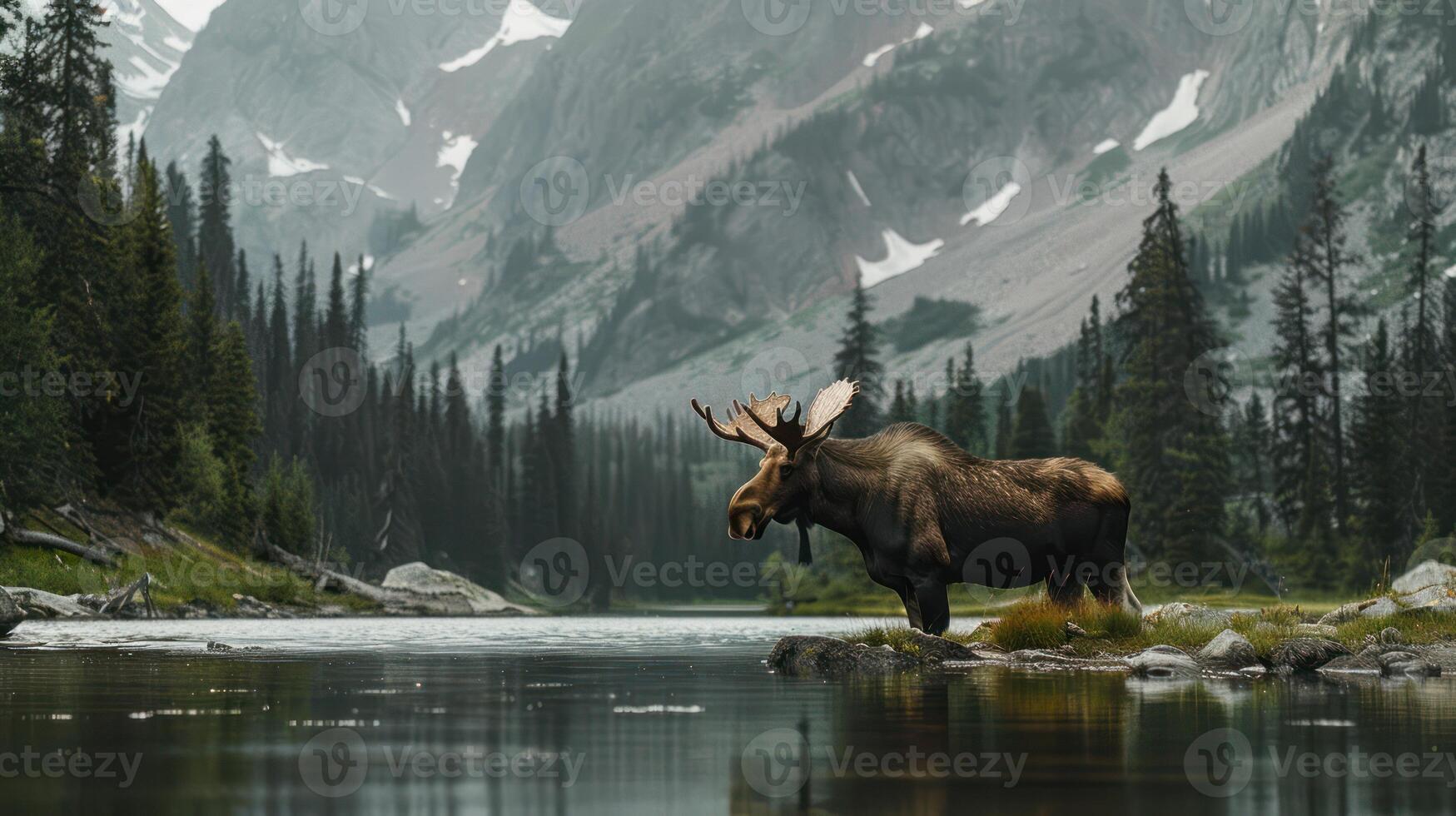 Moose Standing by a Lake in a Mountainous Landscape photo