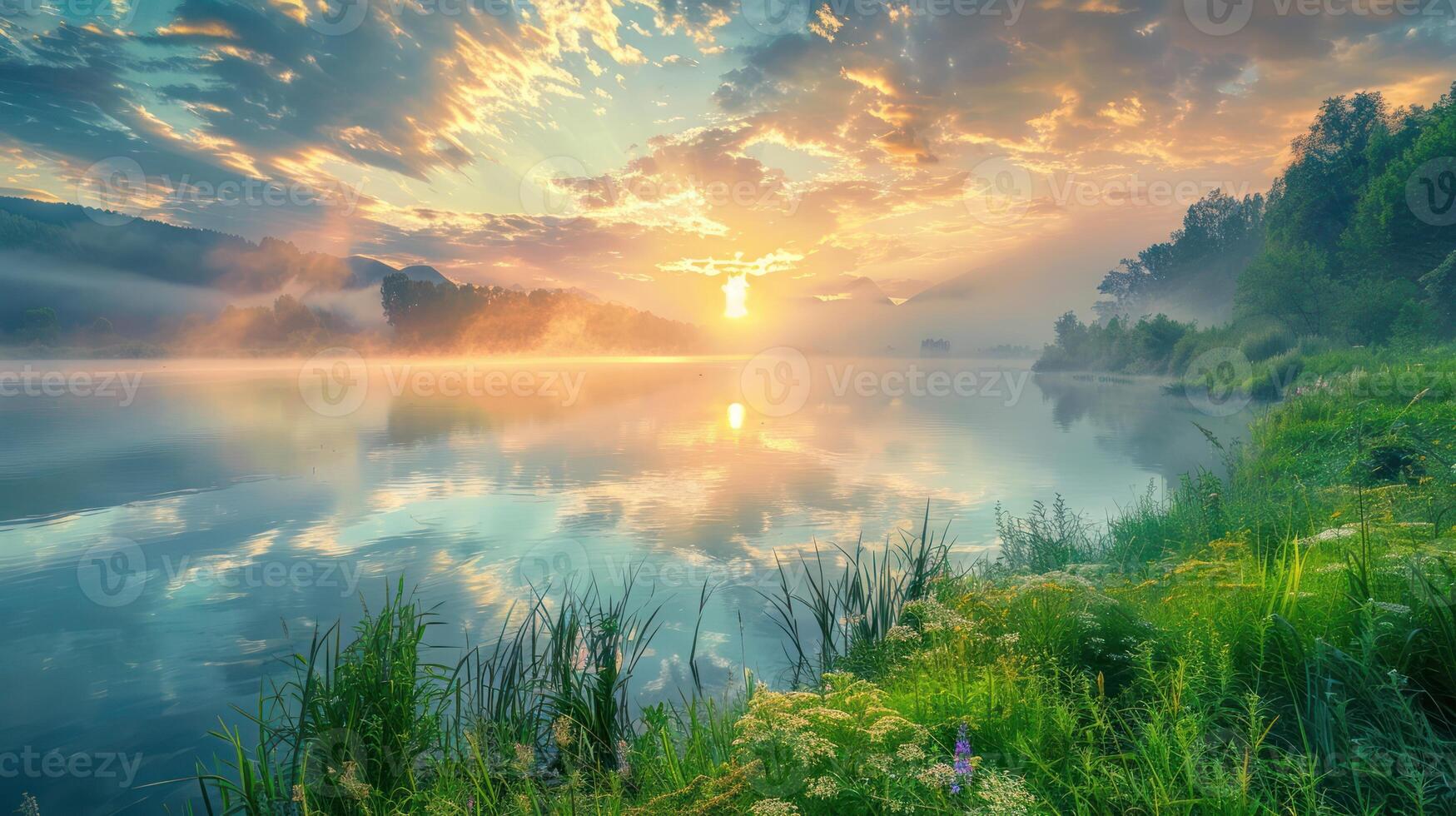 Misty Sunrise Over a Tranquil Lake with Green Foliage photo