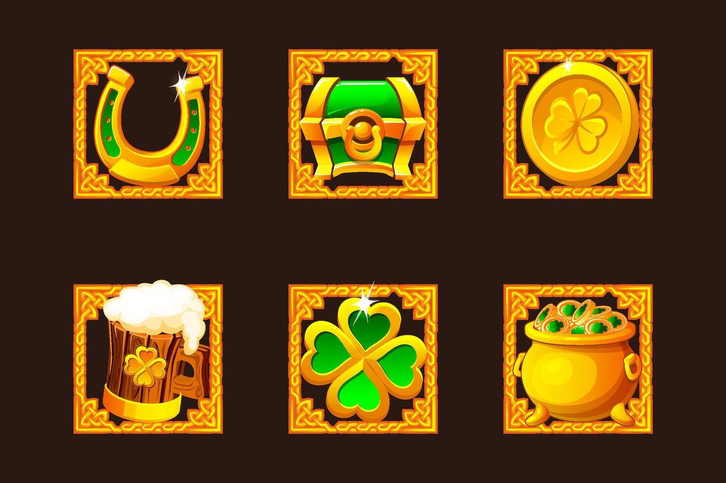 St Patrick day green-golden icons for your game, slot, greeting card, sticker or print. Six icons- clover, cauldron of golden coins, mug of beer, green chest,coin and horseshoe vector