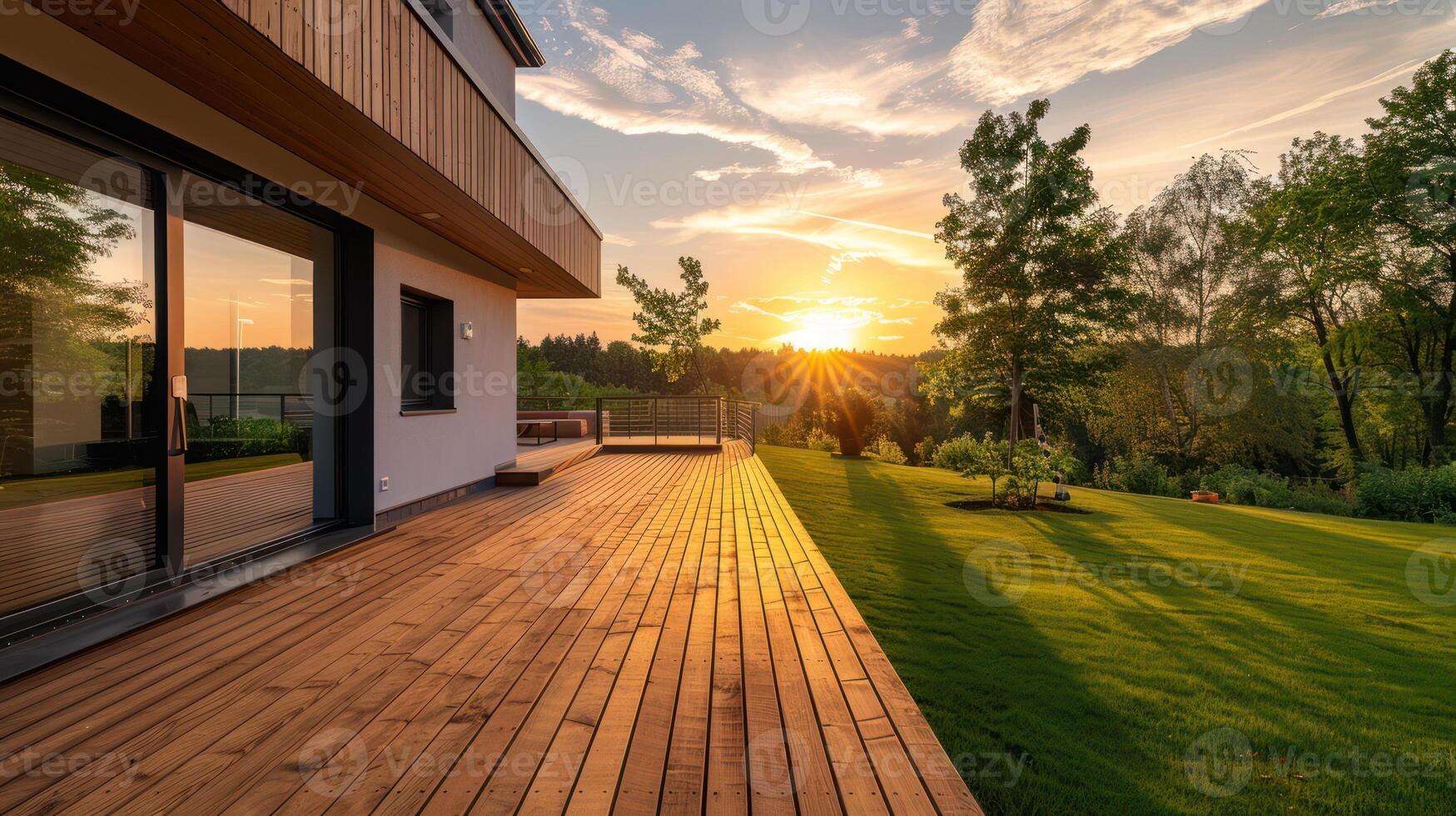 Modern Home with Wooden Deck Overlooking a Sunset and Green Grass photo