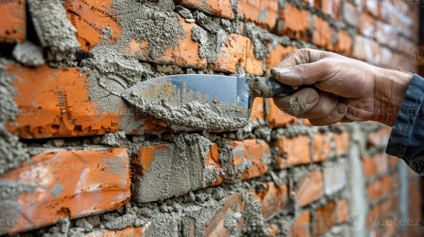 Hand Using a Trowel to Smooth Mortar Between Bricks photo