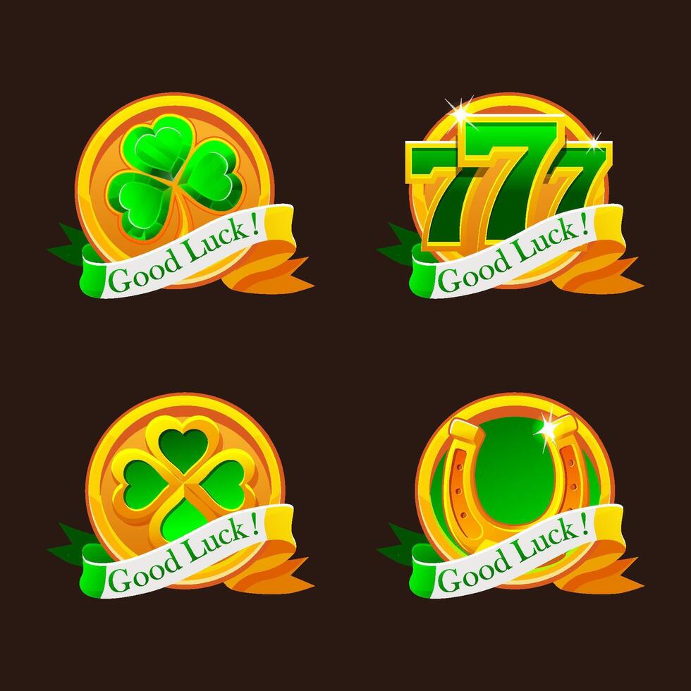 St Patrick day green-golden icons for your game, slot, greeting card, sticker or print. Four icons- clover, shamrock, luck number 777 and horseshoe with ribbon Good Luck vector
