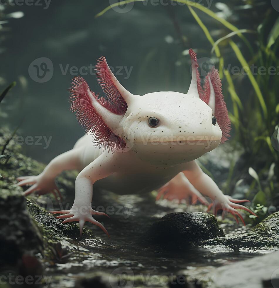 Axolotl with Red Gills Crawling on Rocks in a Forest Stream photo