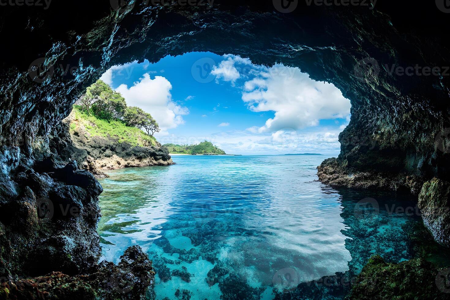 View of a tropical ocean from a cave opening photo