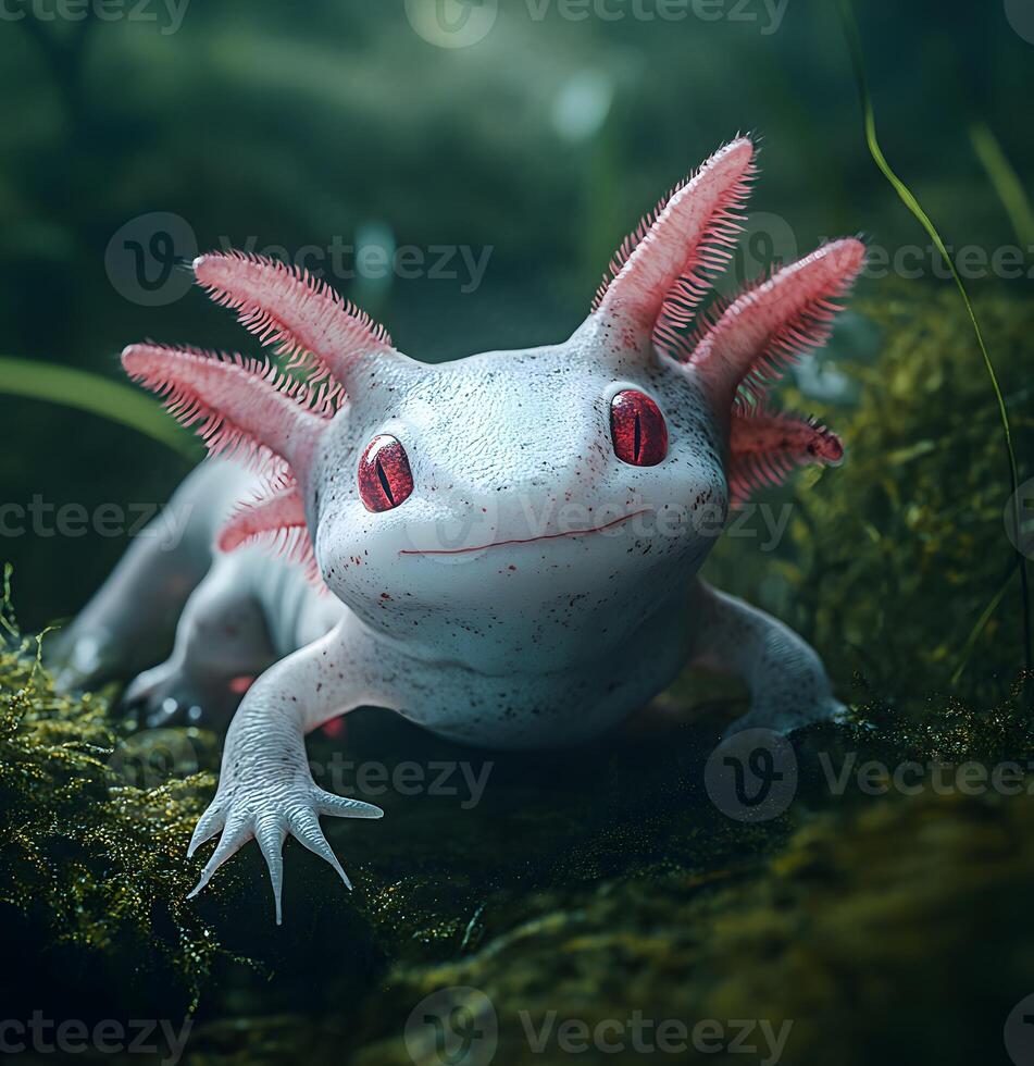 A Close-Up of a Smiling Albino Axolotl with Red Eyes in a Mossy Environment photo