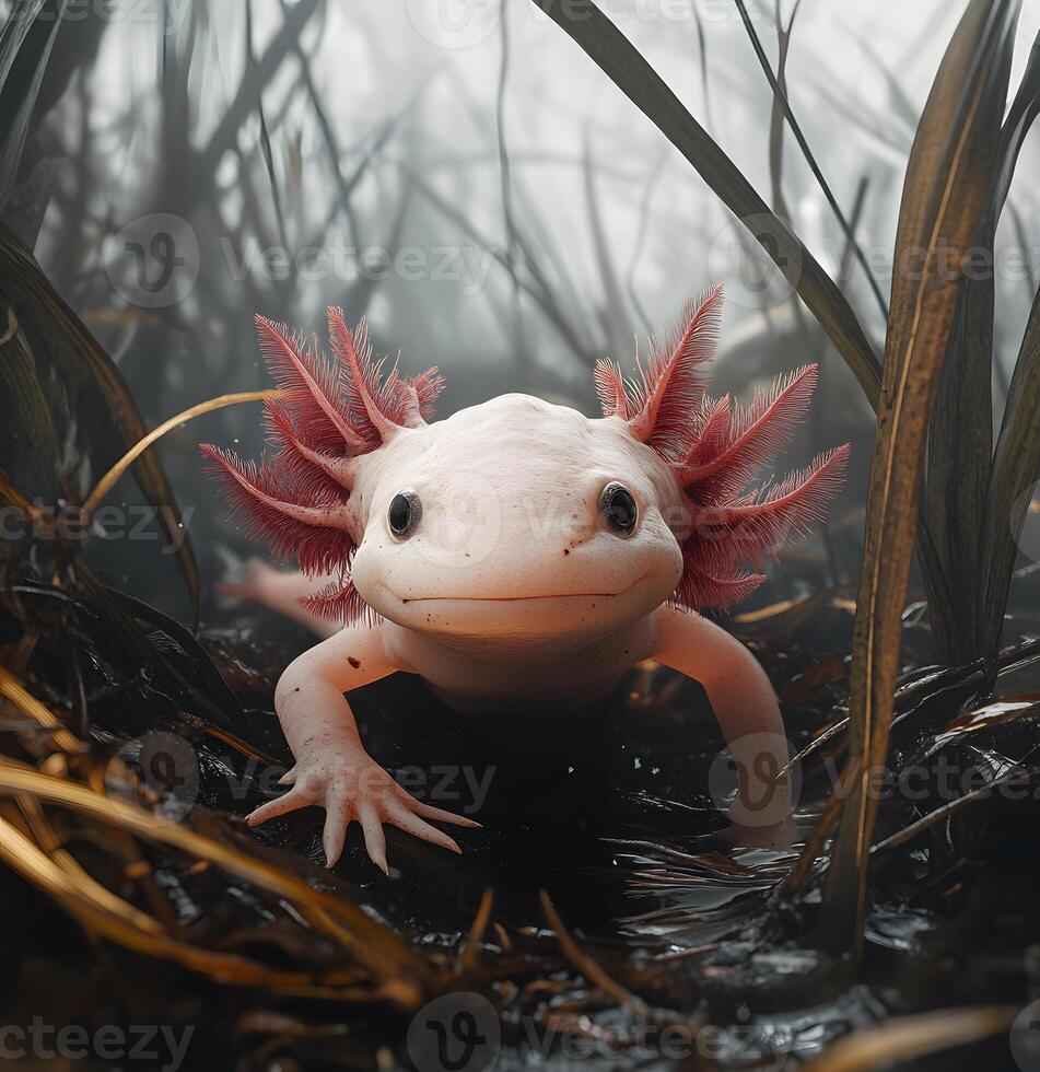 Axolotl with feathery gills emerging from a misty swamp photo