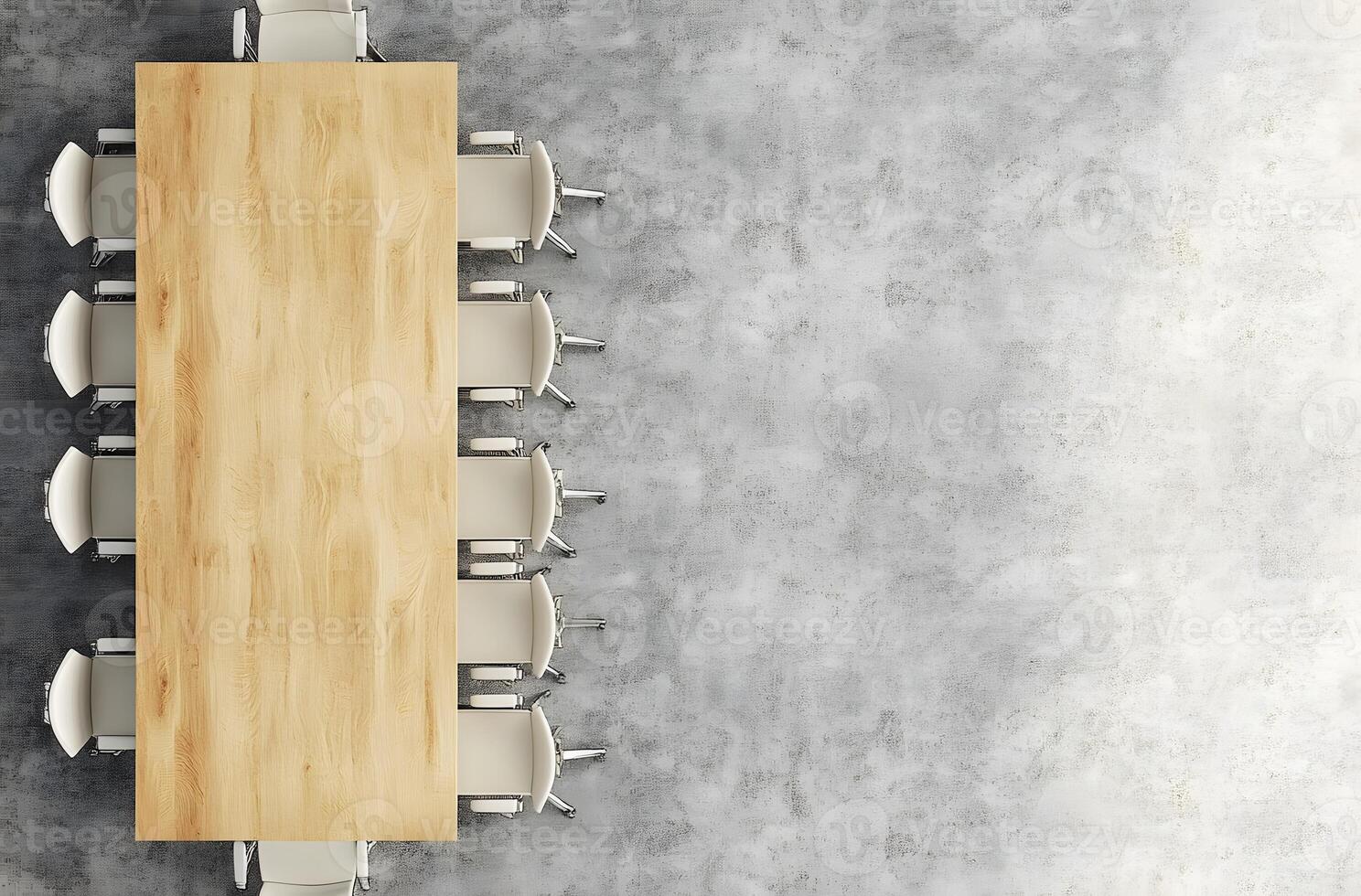 Top View of a Wooden Table with White Chairs in a Concrete Room photo