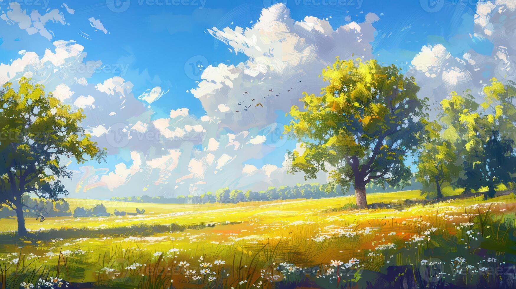 A Summer Field with Trees, Flowers, and a Blue Sky photo