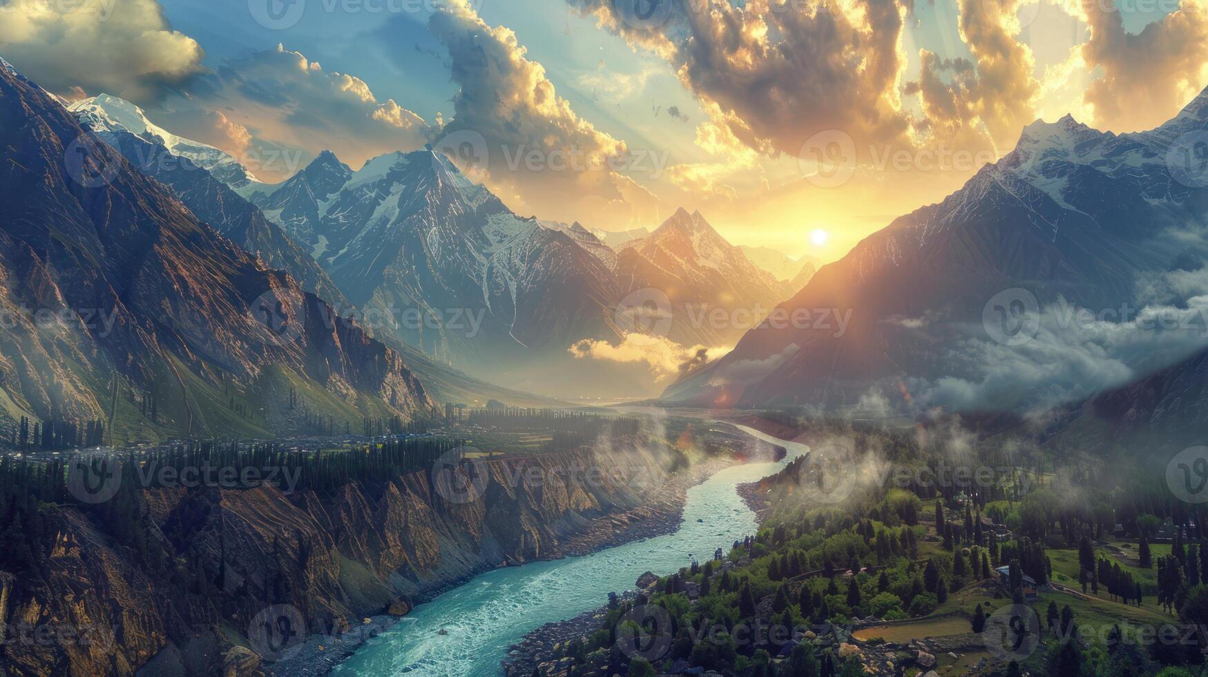 A Serene Mountain Valley at Sunset with a Winding River photo