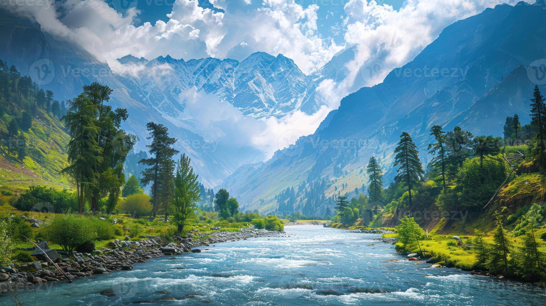 A Serene River Flows Through Lush Valley Surrounded by Majestic Mountains photo