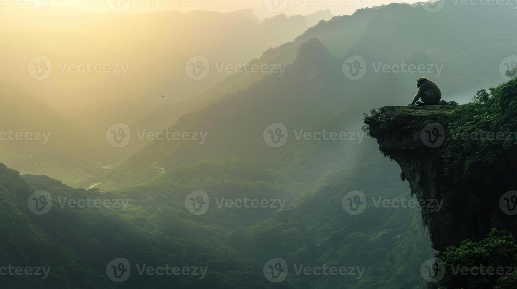 Solitary Monkey Perched on a Clifftop Overlooking a Misty Valley photo