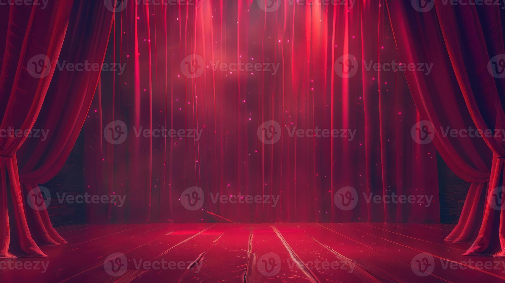 Red Curtains and a Wooden Stage with Glimmering Lights photo