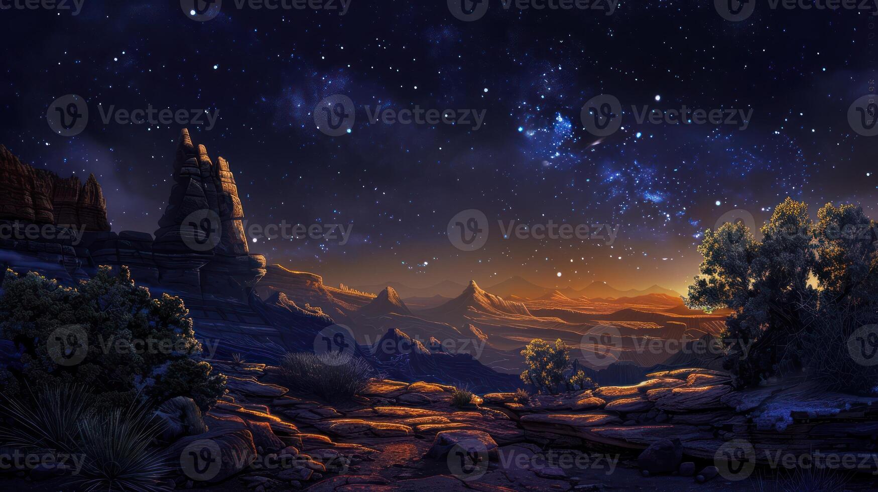Starry Night Over a Mountainous Desert Landscape photo