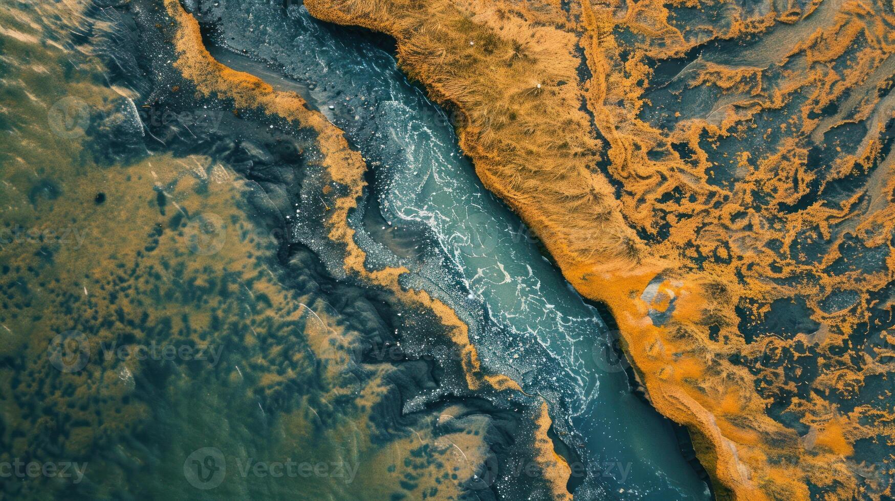 Aerial View of a River Cutting Through a Field of Yellow Grass photo