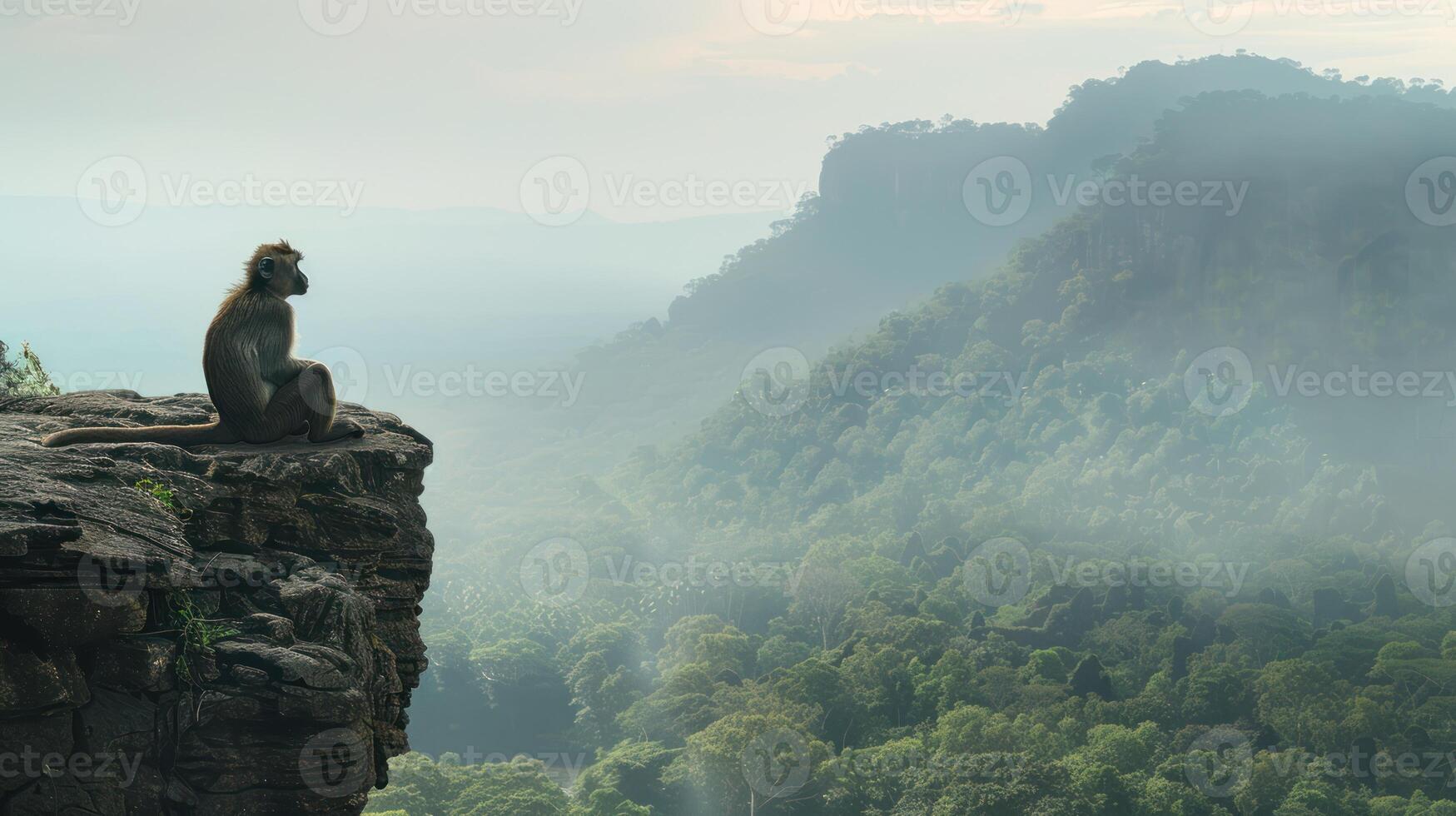 A Monkey Sitting on a Cliff Overlooking a Foggy Forest photo