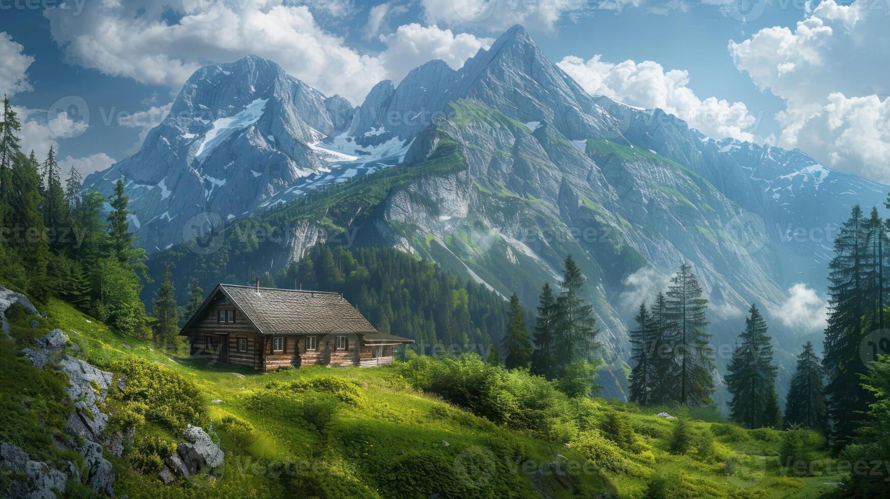 Rustic Cabin Nestled in a Mountainous Valley photo