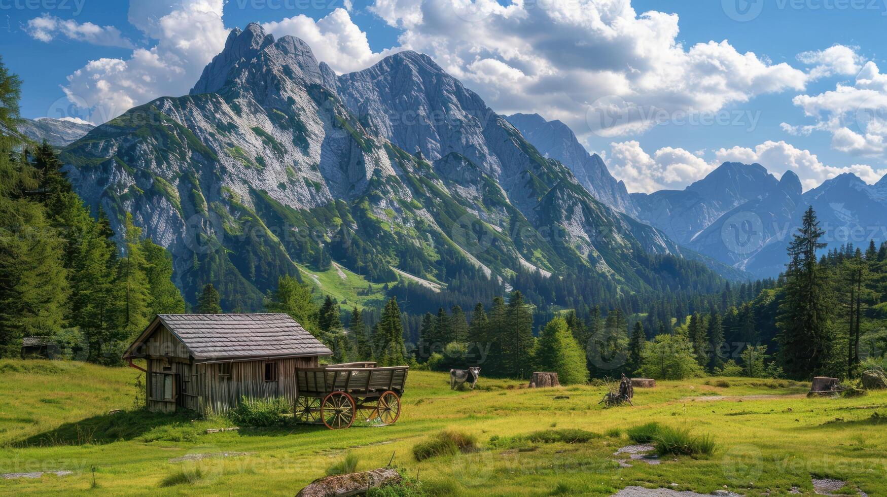 Wooden Wagon and Rustic Cabin in a Mountain Valley Meadow photo