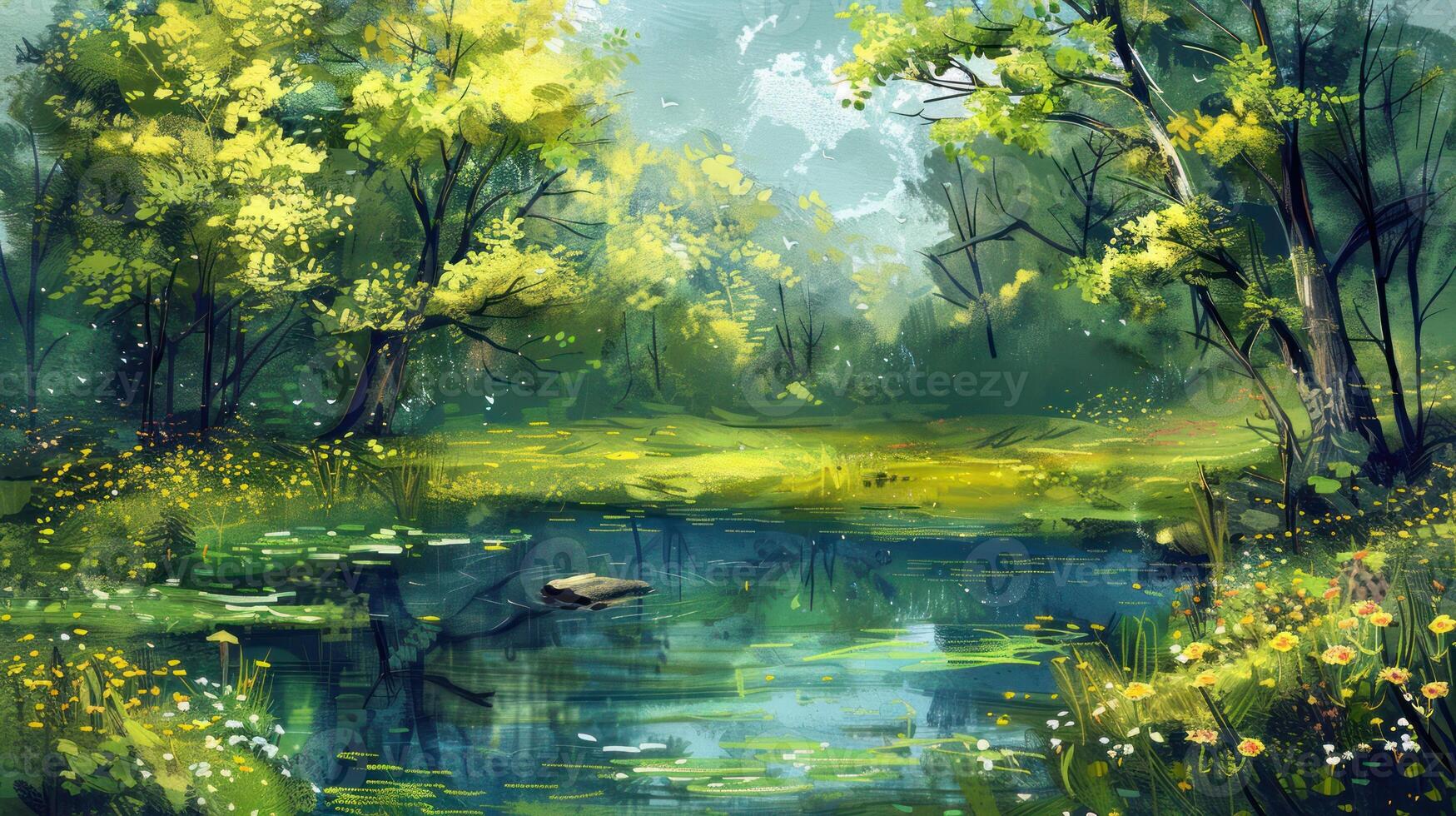Serene Forest Pond with Green Trees and Flowers photo