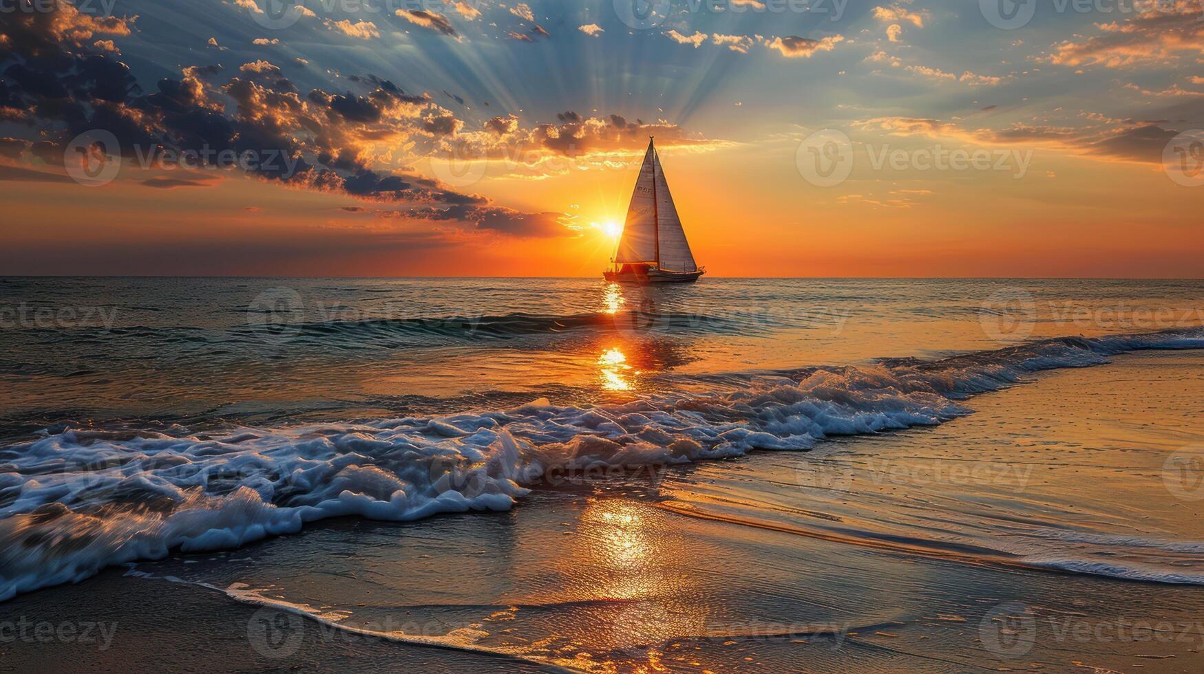 Sailboat Navigating Through Golden Sunset on the Ocean photo