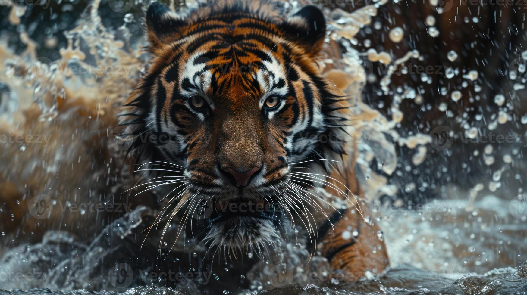 A Close-Up of a Tiger's Face as It Emerges from Water photo