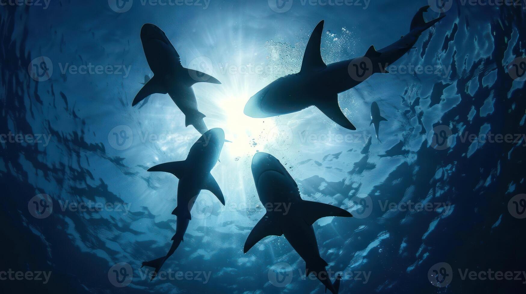 Silhouettes of Sharks Swimming Towards the Sun photo