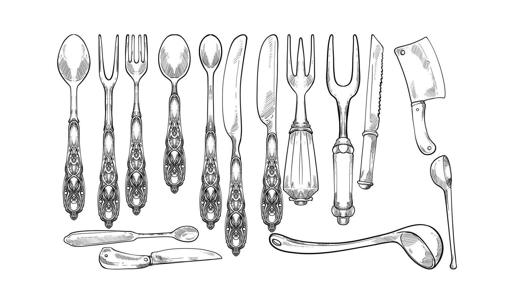 silver cutlery handdrawn collection vector