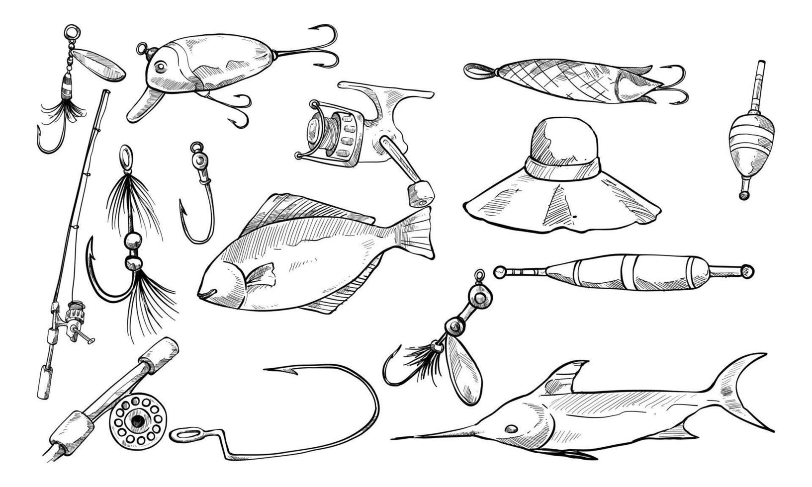 fishing equipment handdrawn collection vector