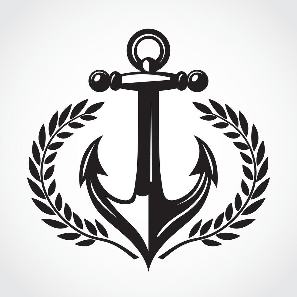 anchor with laurel wreath outline logo design vector