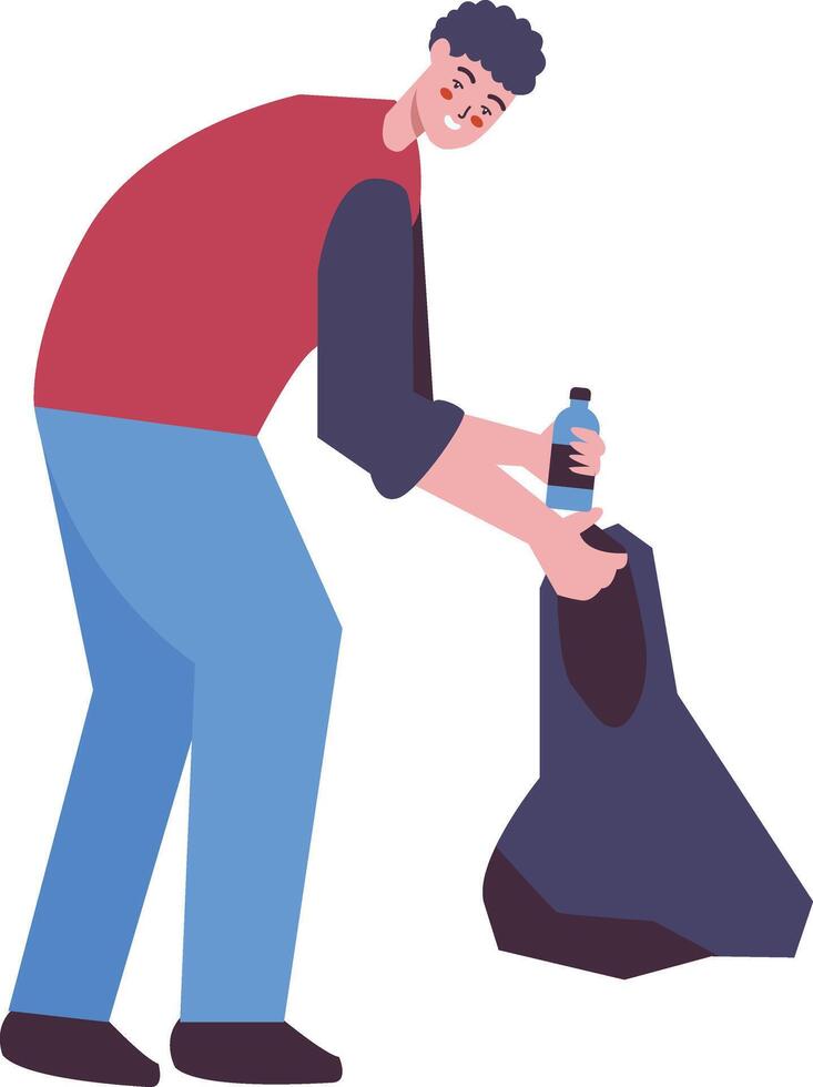 Man Cleaning Profession Throwing Plastic Bottle Into Plastic Bag vector