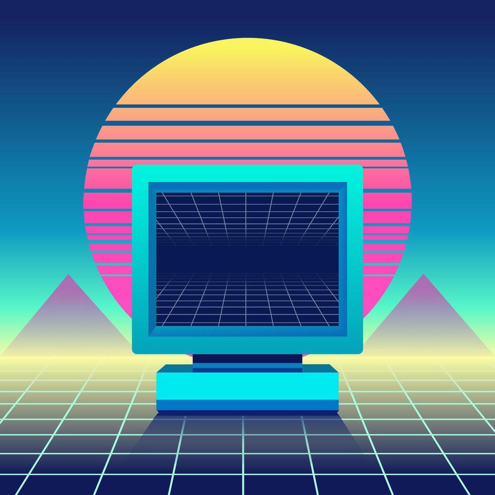 Computer Monitor Illustration With Vaporwave Design Style And Simple Sun Gradient Background vector
