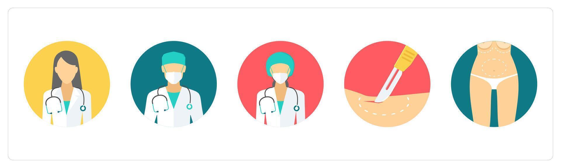 A set of 5 medical icons as doctor, surgeon, surgery knife vector