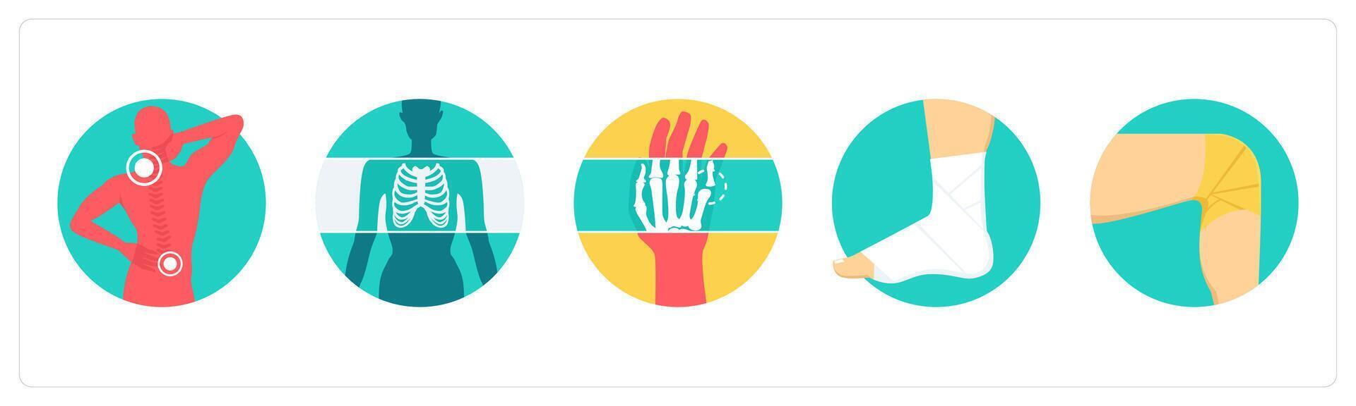 A set of 5 medical icons as cervical, x-ray, leg fracture vector