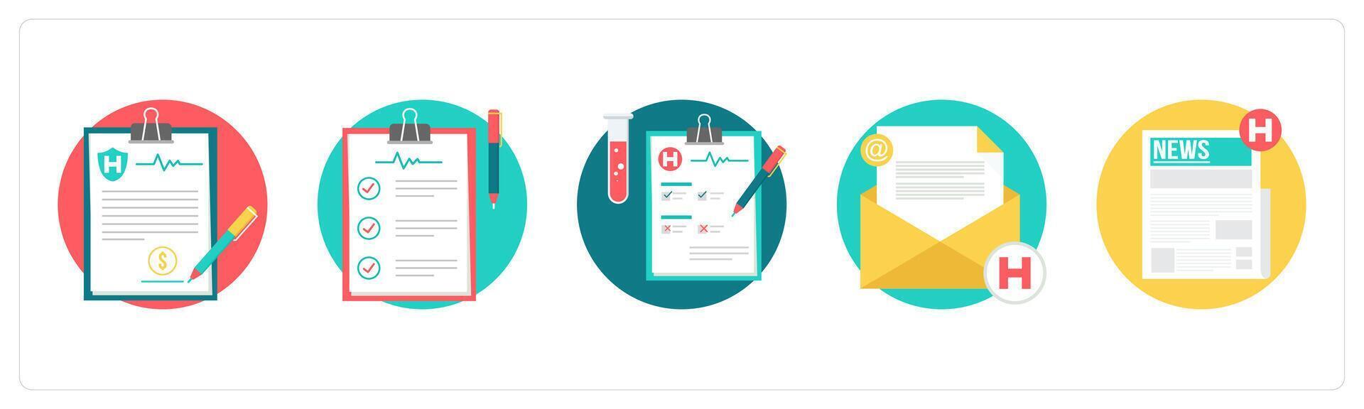 A set of 5 medical icons as treatment record, test report, medical mail vector