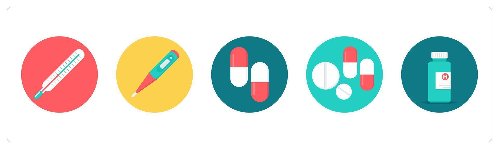 A set of 5 medical icons as thermometer, digital thermometer, capsule vector