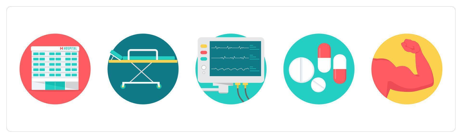 A set of 5 medical icons as hospital, stretcher, medical monitor vector
