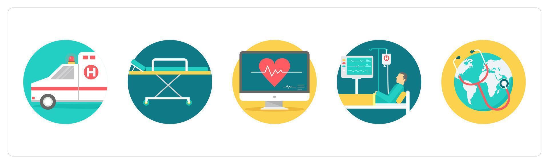 A set of 5 medical icons as ambulance, stretcher, monitor vector