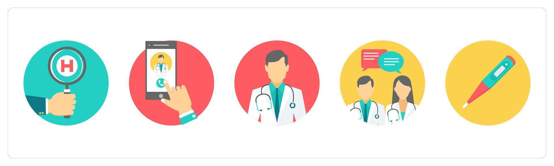 A set of 5 medical icons as medical search, call doctor, doctor vector