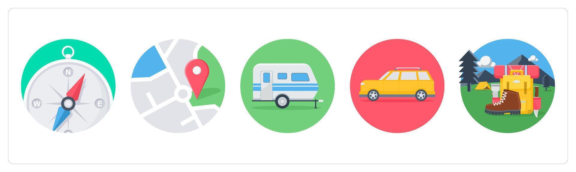 A set of 5 camping icons as compass, pin, camping bus vector