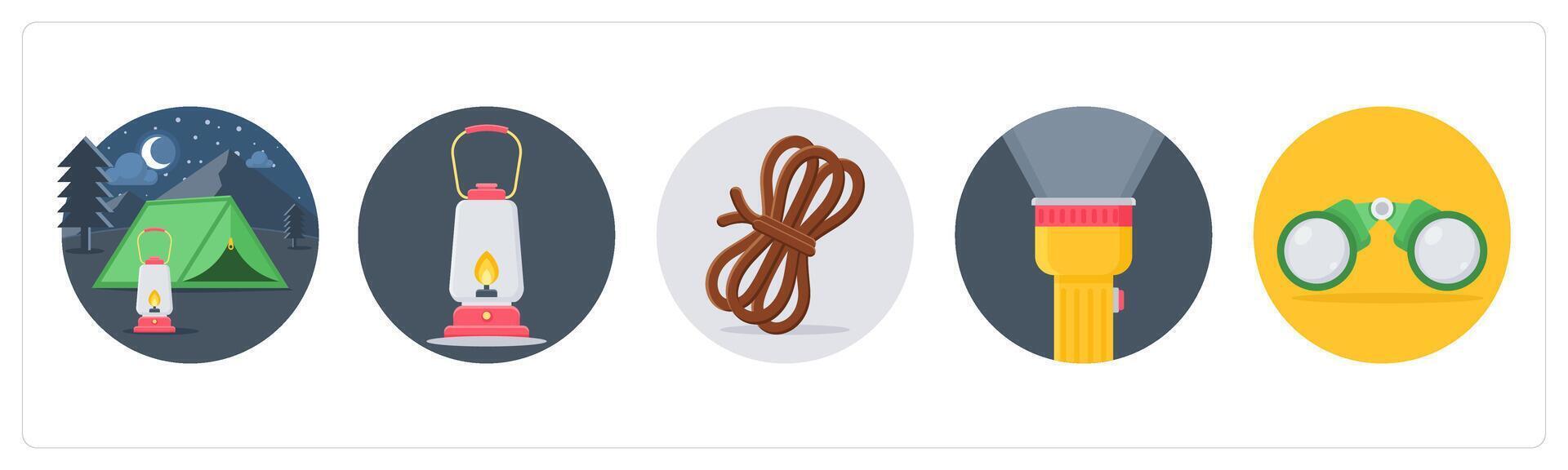 A set of 5 camping icons as camp, lantern, rope vector