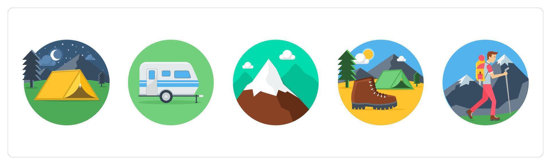 A set of 5 camping icons as camping, camping bus, hills vector