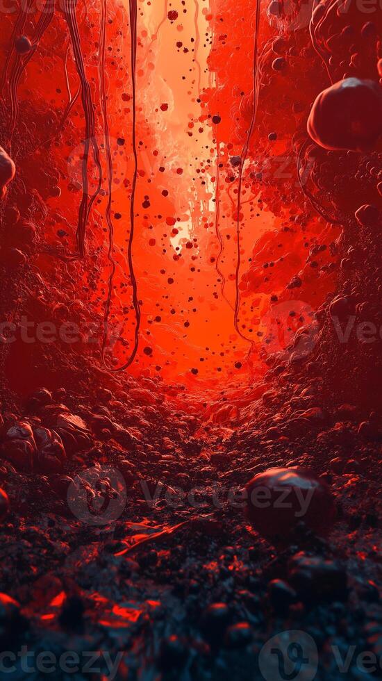 A red and black tunnel with water and rocks photo