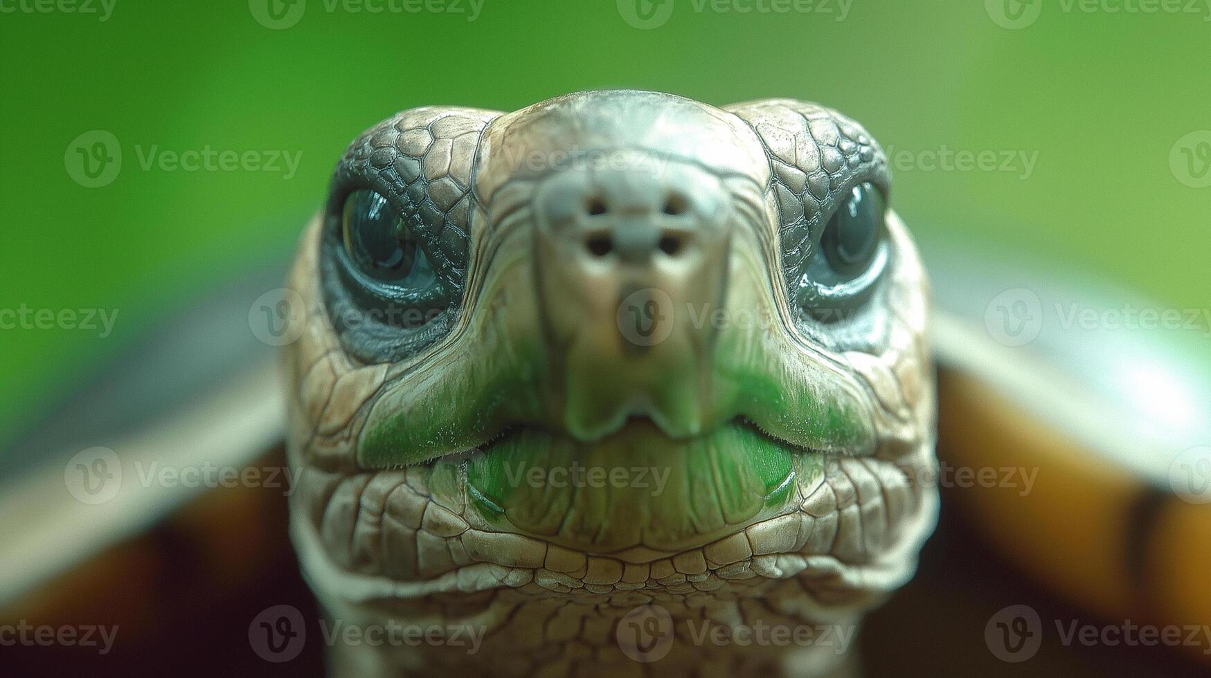 A close up of a turtle's face with green eyes photo