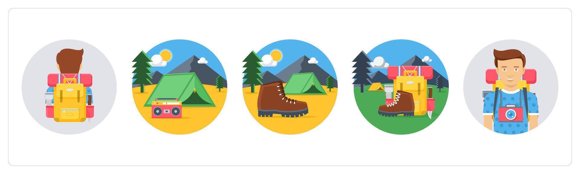 A set of 5 camping icons as backpack, camp, hiking shoes vector