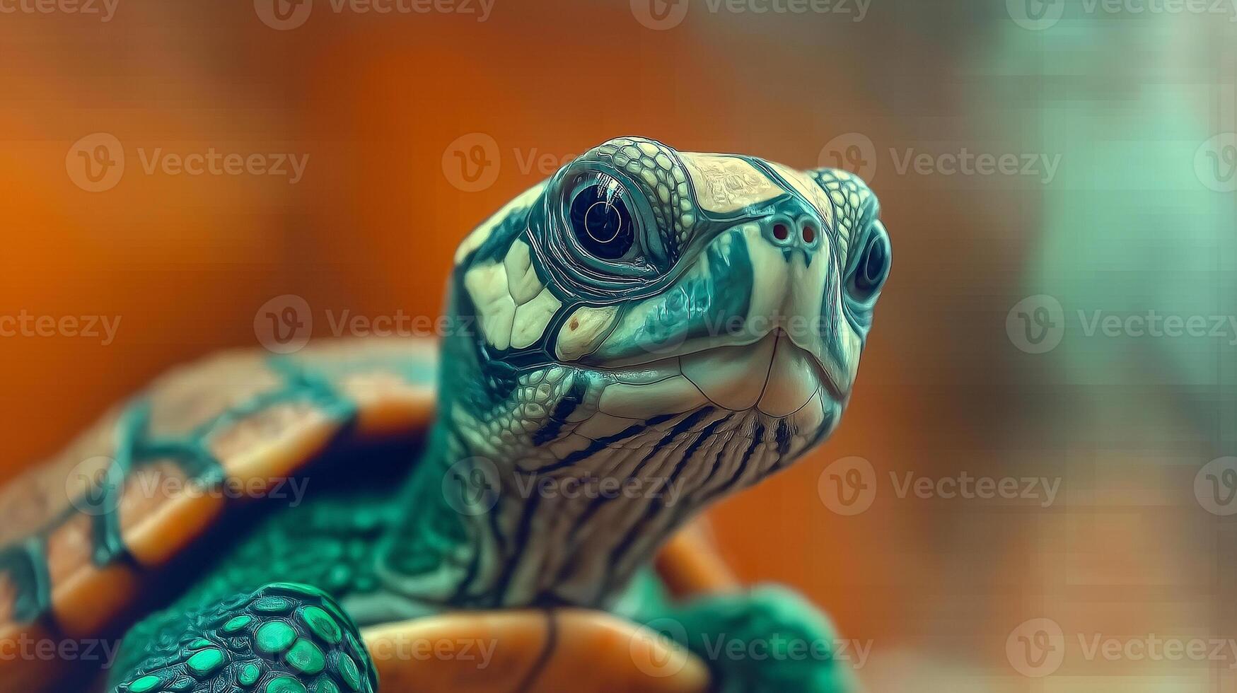 A close up of a turtle with a blurry background photo