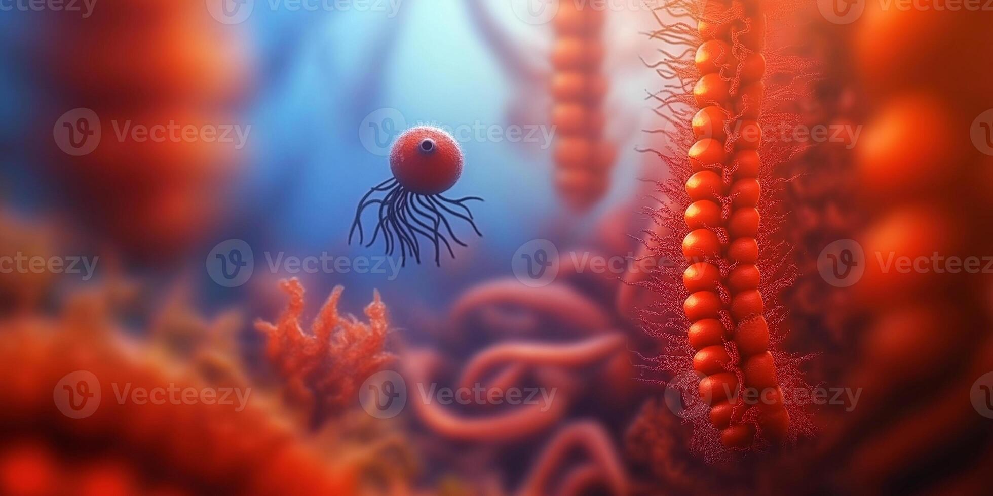 A red jellyfish is floating in the water photo