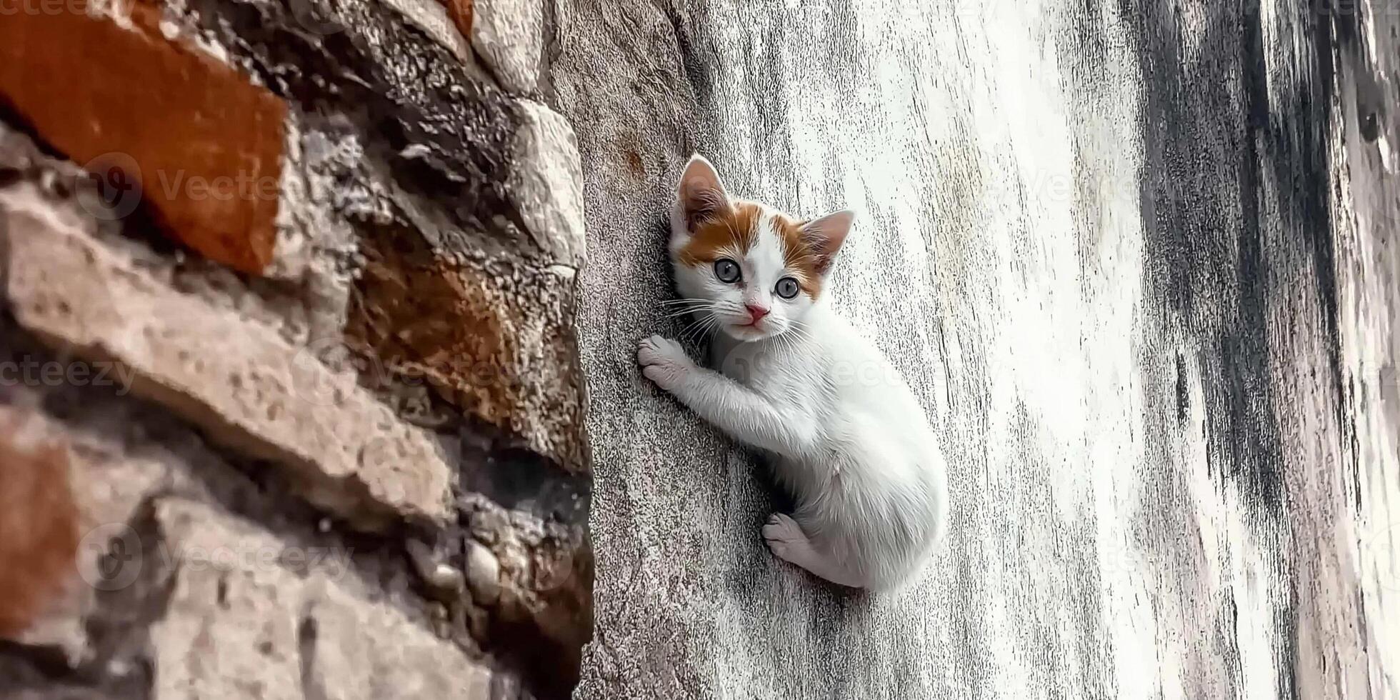 Kitten clinging to a weathered wall photo